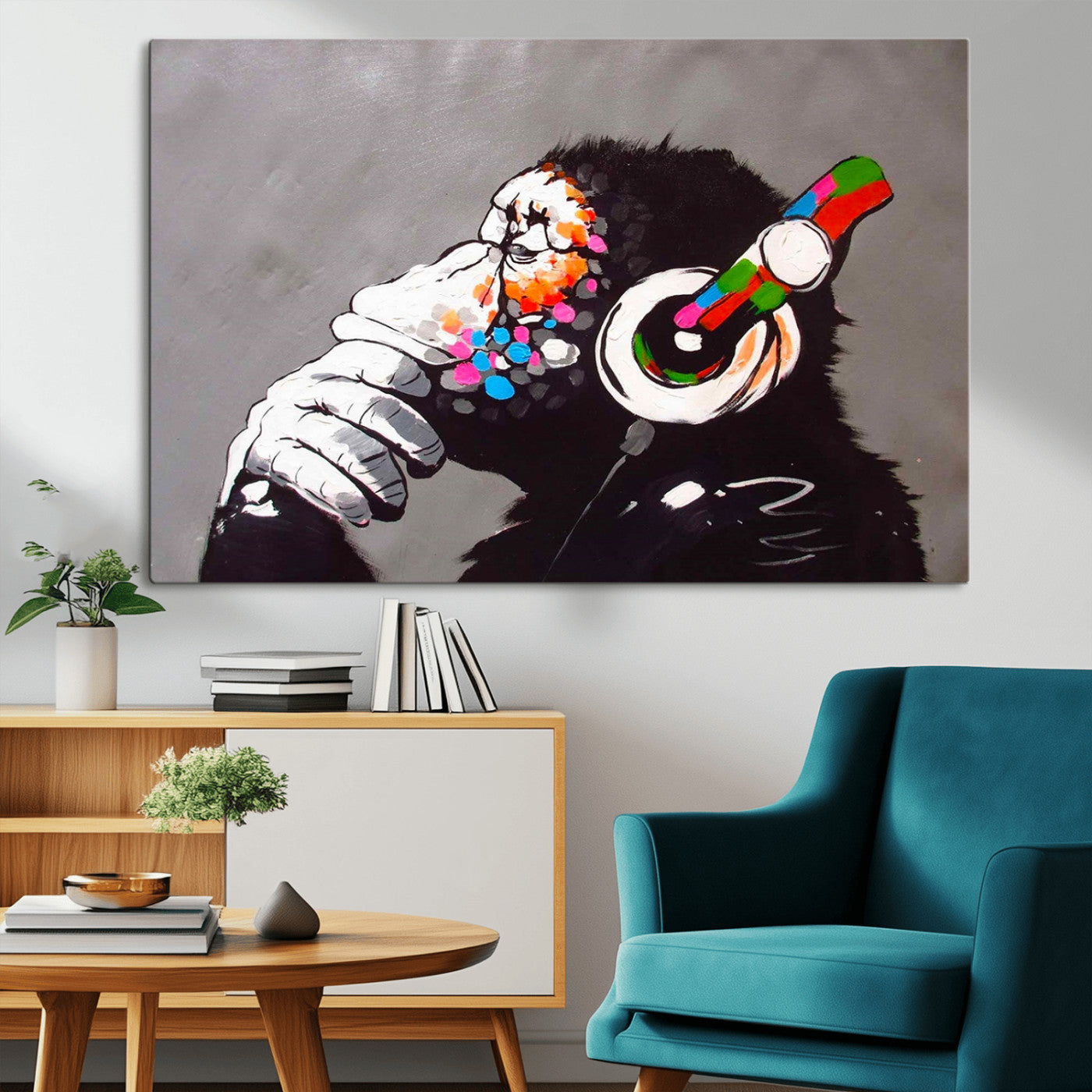 MGV-CV-36X24 - Dj Monkey Listening to Music Wall Art Print | Banksy Monkey Large Canvas Print for Living Room,