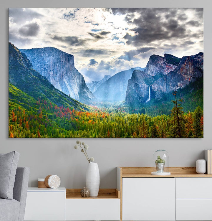 The Yosemite Park Half Dome 3 Panel Canvas Print beautifully captures the enchanting beauty of national parks with its vibrant mountain and forest scene. This large giclée landscape wall art is perfect for living rooms, offices, or bedrooms and comes ready to hang.