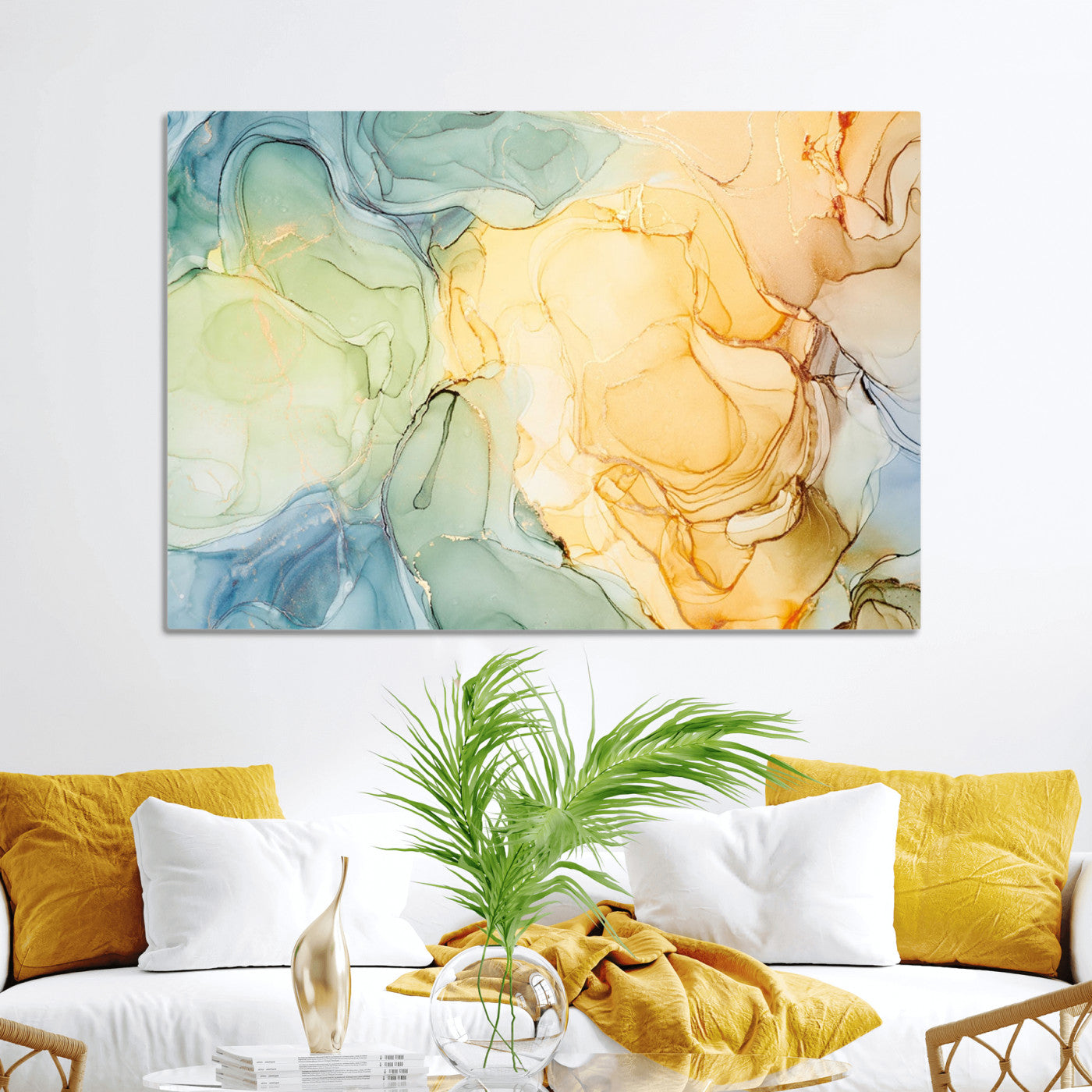 42195-MGV-CV-36X24-Green and Yellow Marble Fluid Effect Wall Art, Green and Yellow Marble Canvas Wall Art Print