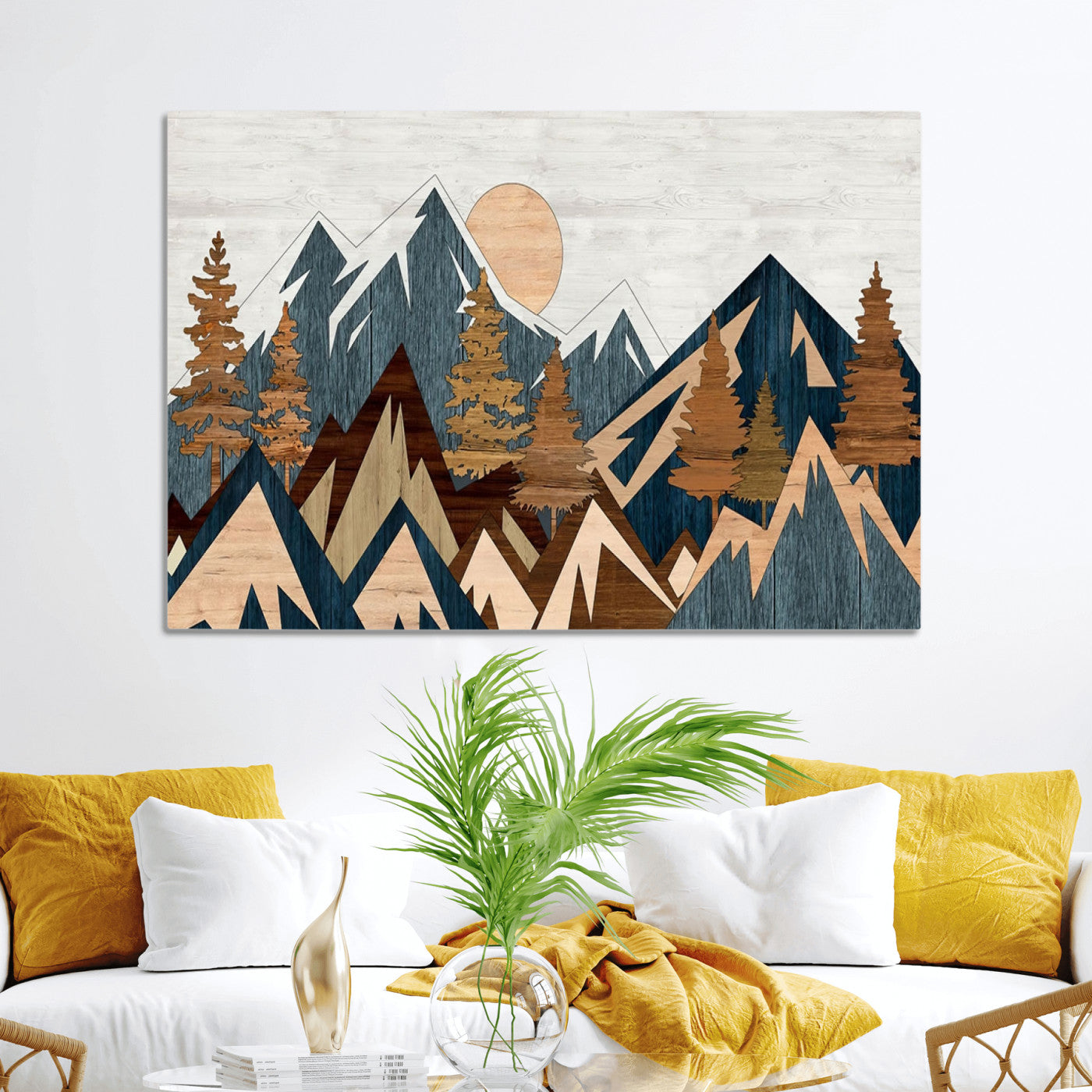 91467-MGV-CV-36X24-Abstract Wood Panel Effect Mountain Range Top Wall Art Canvas Print
