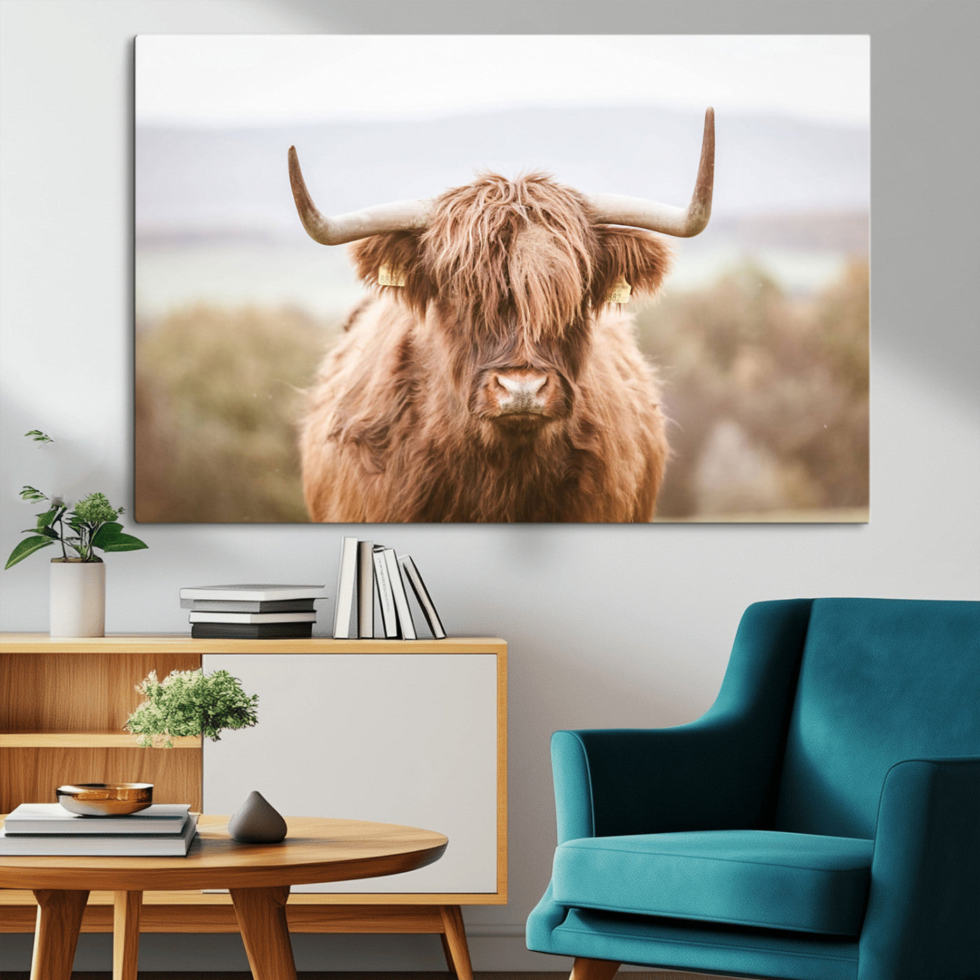 MGV-CV-36X24 - Scottish Serene Highland Cow Canvas Wall Art – Serene Highland Cow in Natural Pastel Tones – Ready