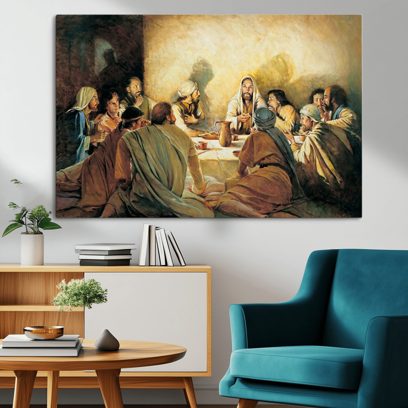 Framed canvas print of the Last Supper, depicting Jesus and his disciples, perfect for religious or Christian-themed home decor.