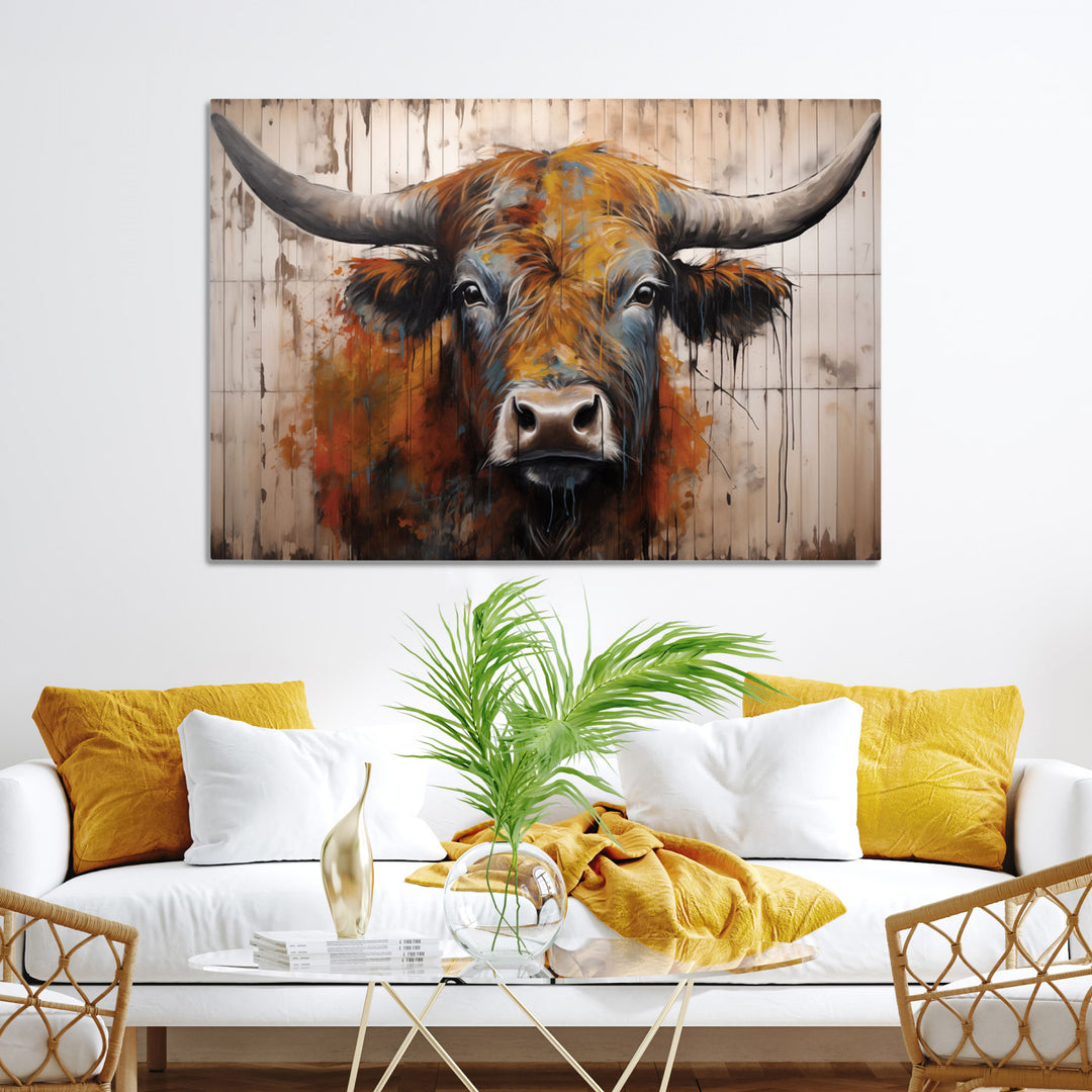 Scottish Highland Cow Cattle Art Print on Wood Style Background
