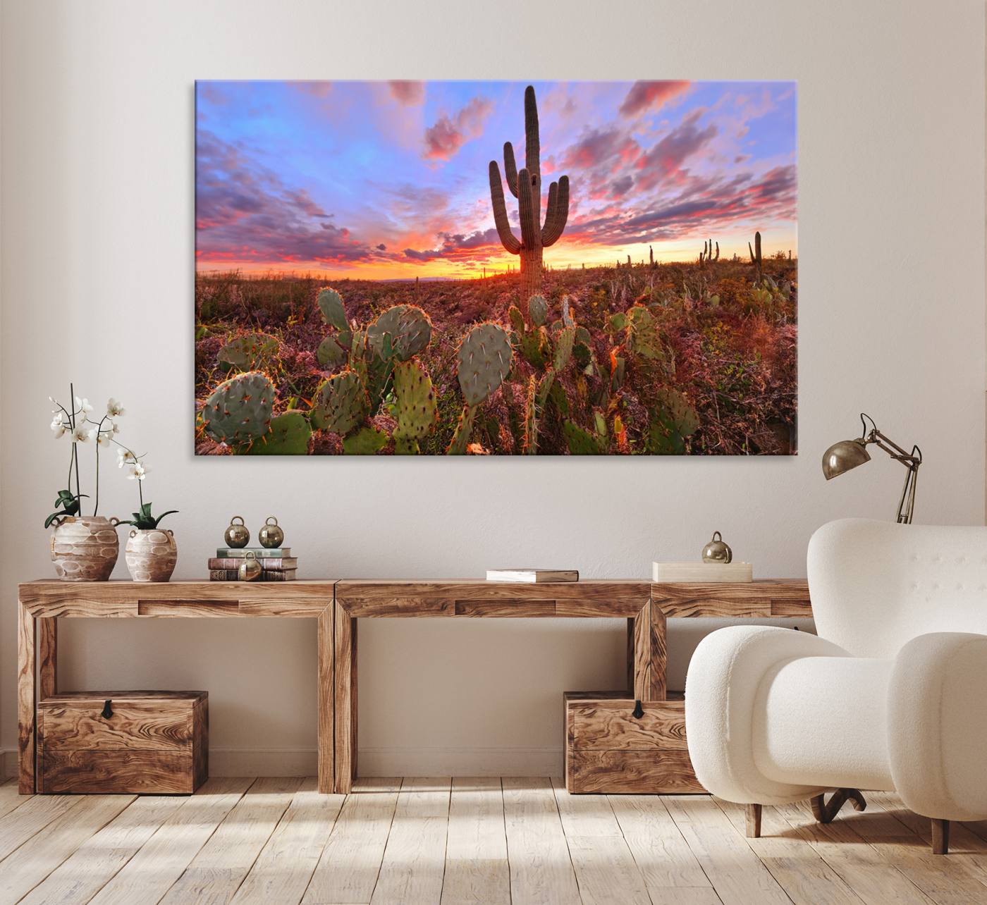 The Arizona Desert Sunset Wall Art Canvas Print hangs prominently.