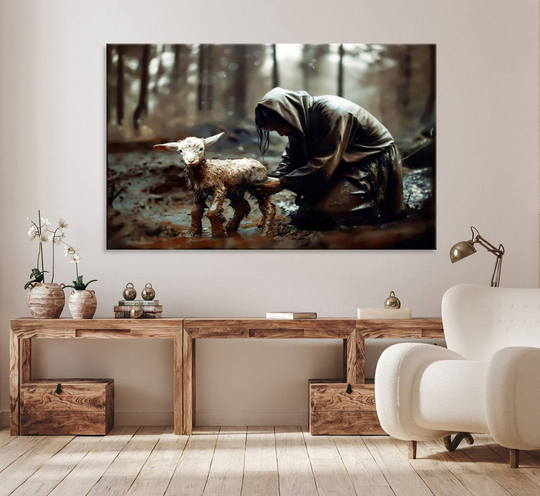 Jesus Lost Lamb Wall Art: A cloaked figure tends a lamb in a muddy forest.