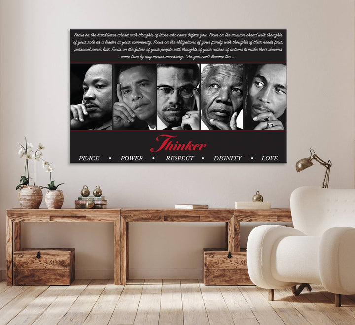 The Thinker Quintet Canvas Wall Art features portraits of Martin, Obama, Malcolm X, Mandela, and Marley, each representing virtues such as Peace and Power.