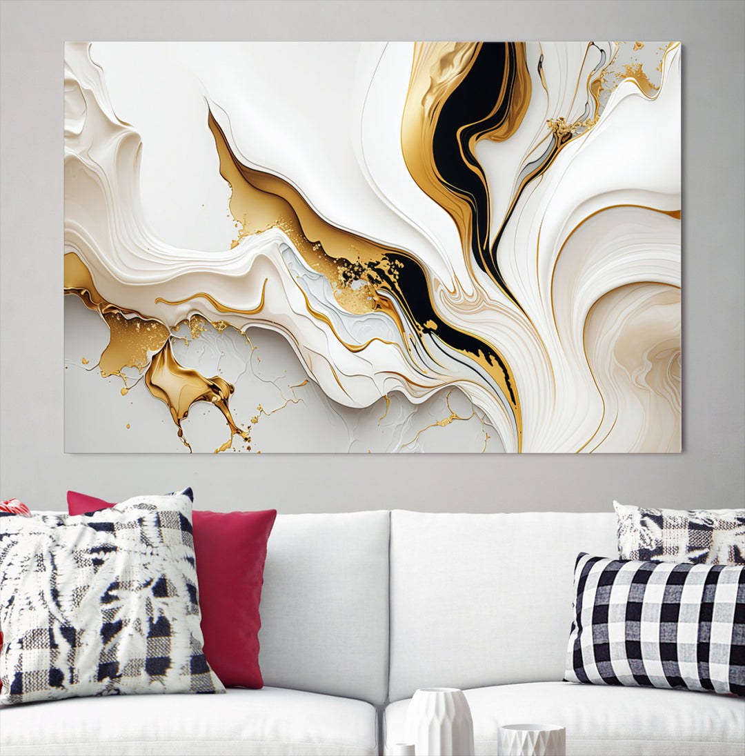 Modern interiors showcase Gold Waves on Pure White Canvas.