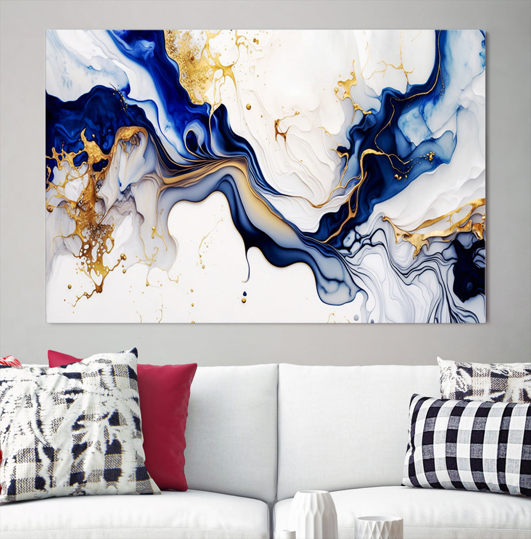 Golden Cascades on Midnight Blue – Abstract Flowing Elegance | Wall Art Canvas, Framed & Ready to Hang