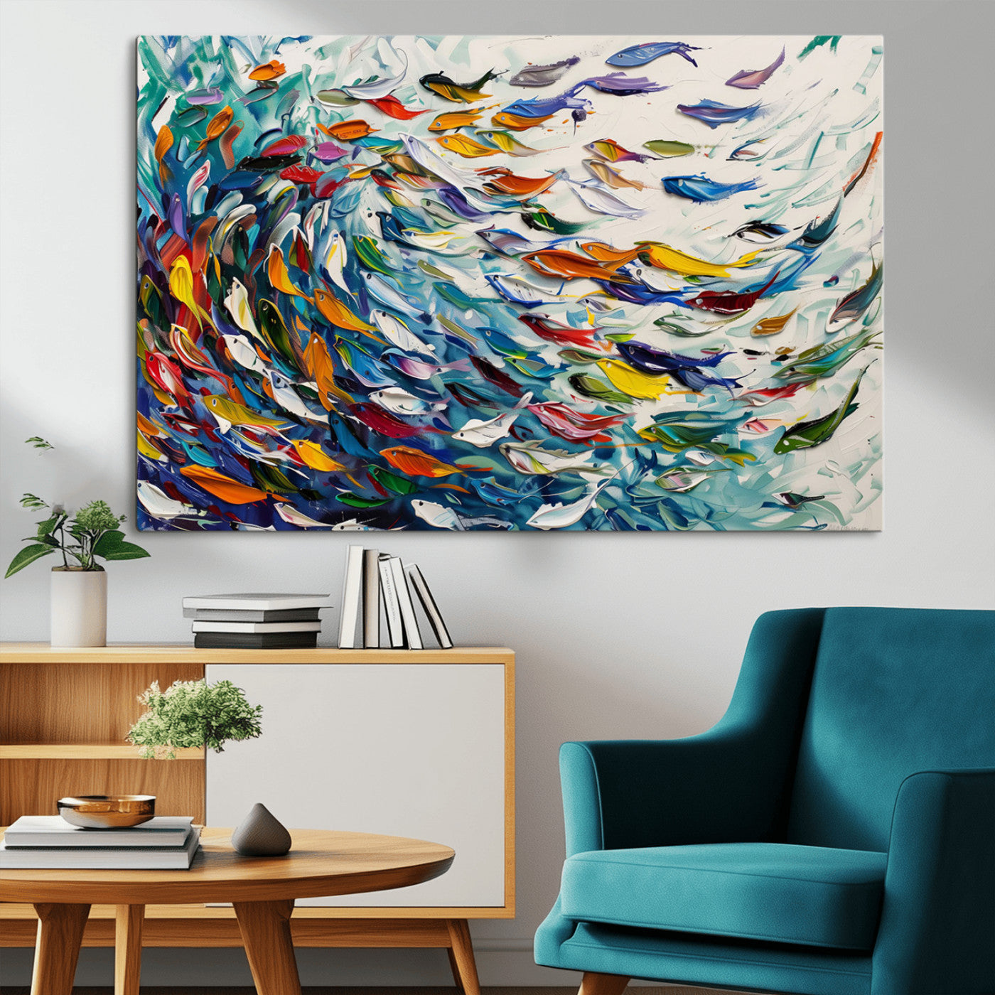 MGV-CV-36X24 - Modern Abstract Fish Shoal Wall Art Canvas Print, Colorful Fish Herd Painting on Canvas Print, Ocean