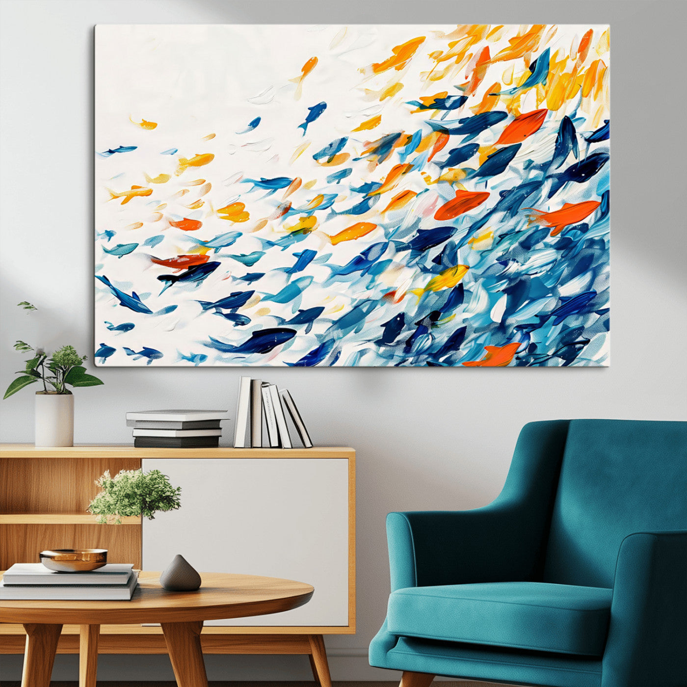 MGV-CV-36X24 - Abstract Fish Shoal Wall Art Canvas Print, Colorful Fish Herd Painting on Canvas Print, Ocean Animal