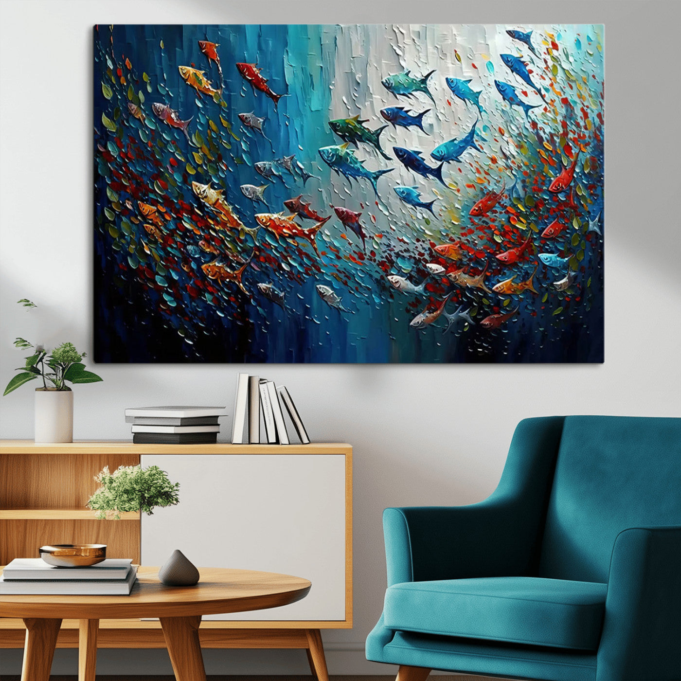 MGV-CV-36X24 - Modern Abstract Fish Shoal Wall Art Canvas Print, Colorful Fish Herd Painting on Canvas Print, Ocean