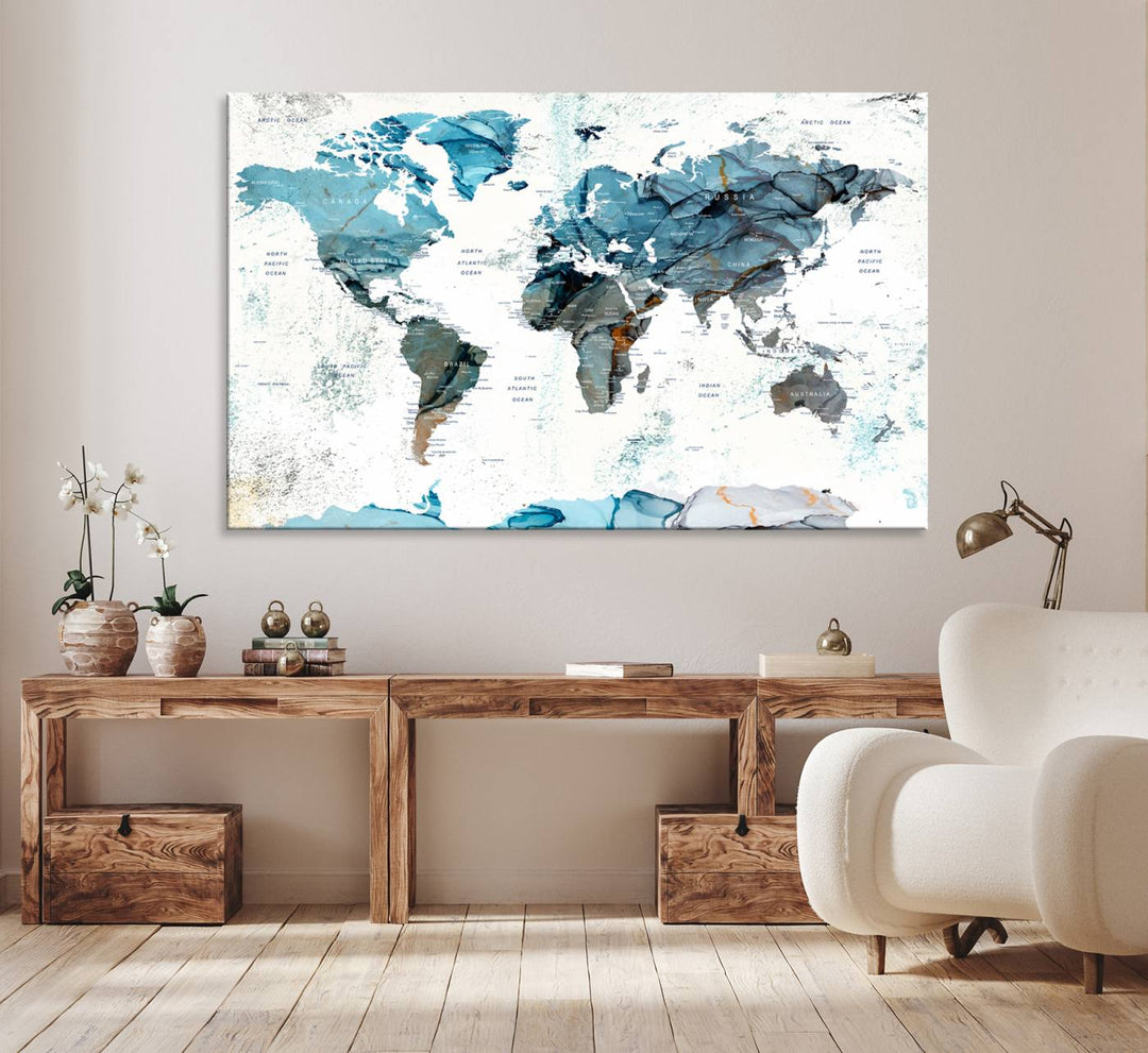 Push Pin World Map Wall Art Canvas Print adds a touch of elegance to the home decor.