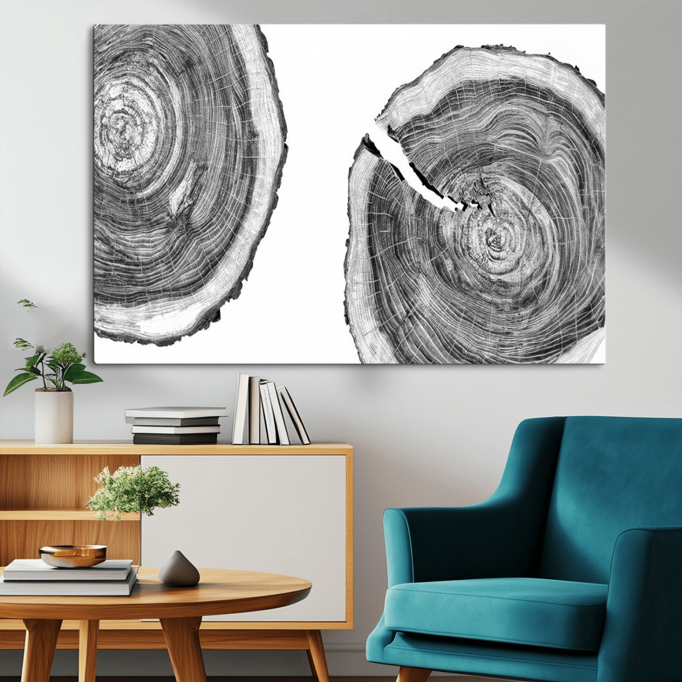 MGV-CV-36X24 - Modern Black and White Tree Rings Canvas Wall Art – Nature Inspired Wood Slice Print – Minimalist