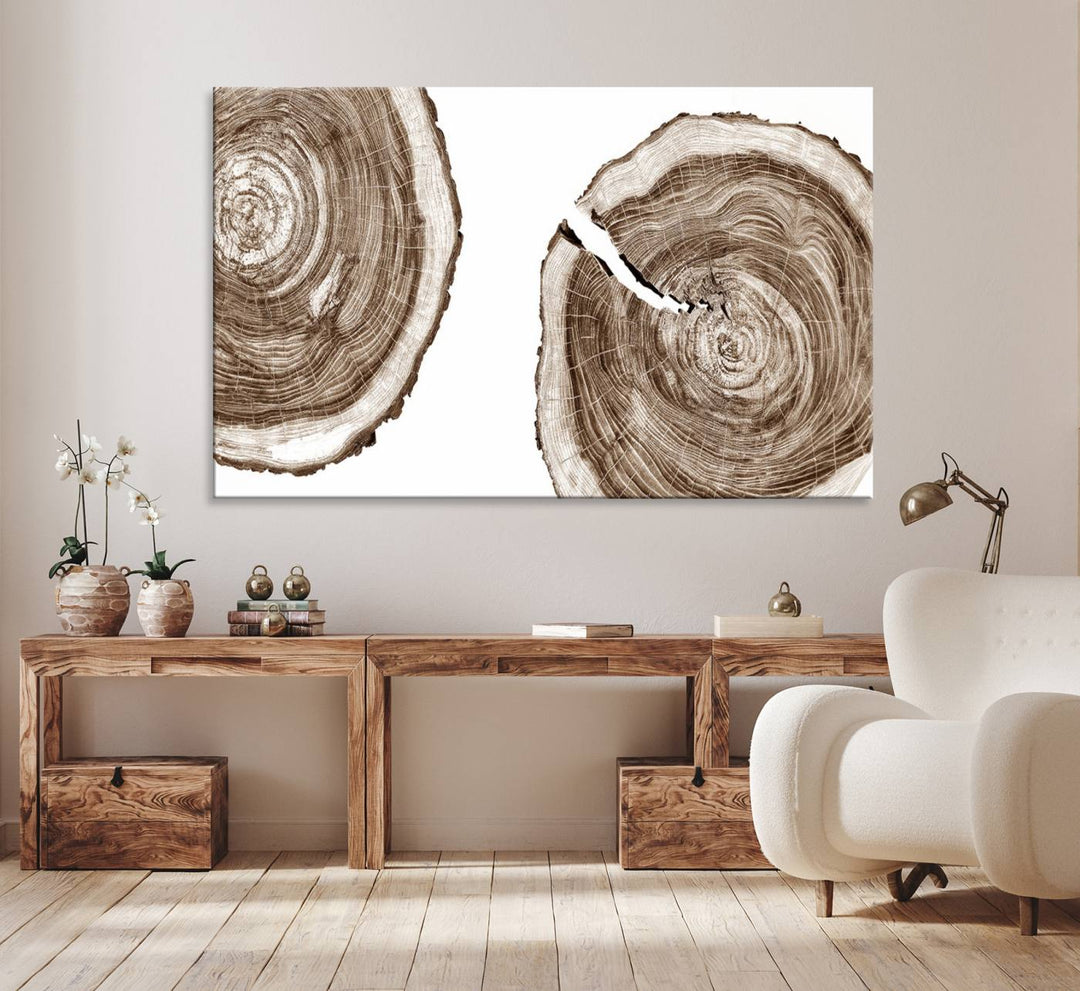 Wood Tree Ring Wall Art on a minimalist black and white canvas.