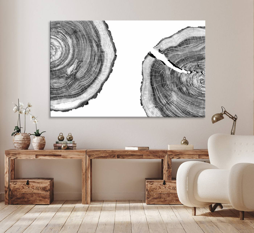 The minimalist art piece Abstract Large Tree Rings on canvas creates a striking focal point.