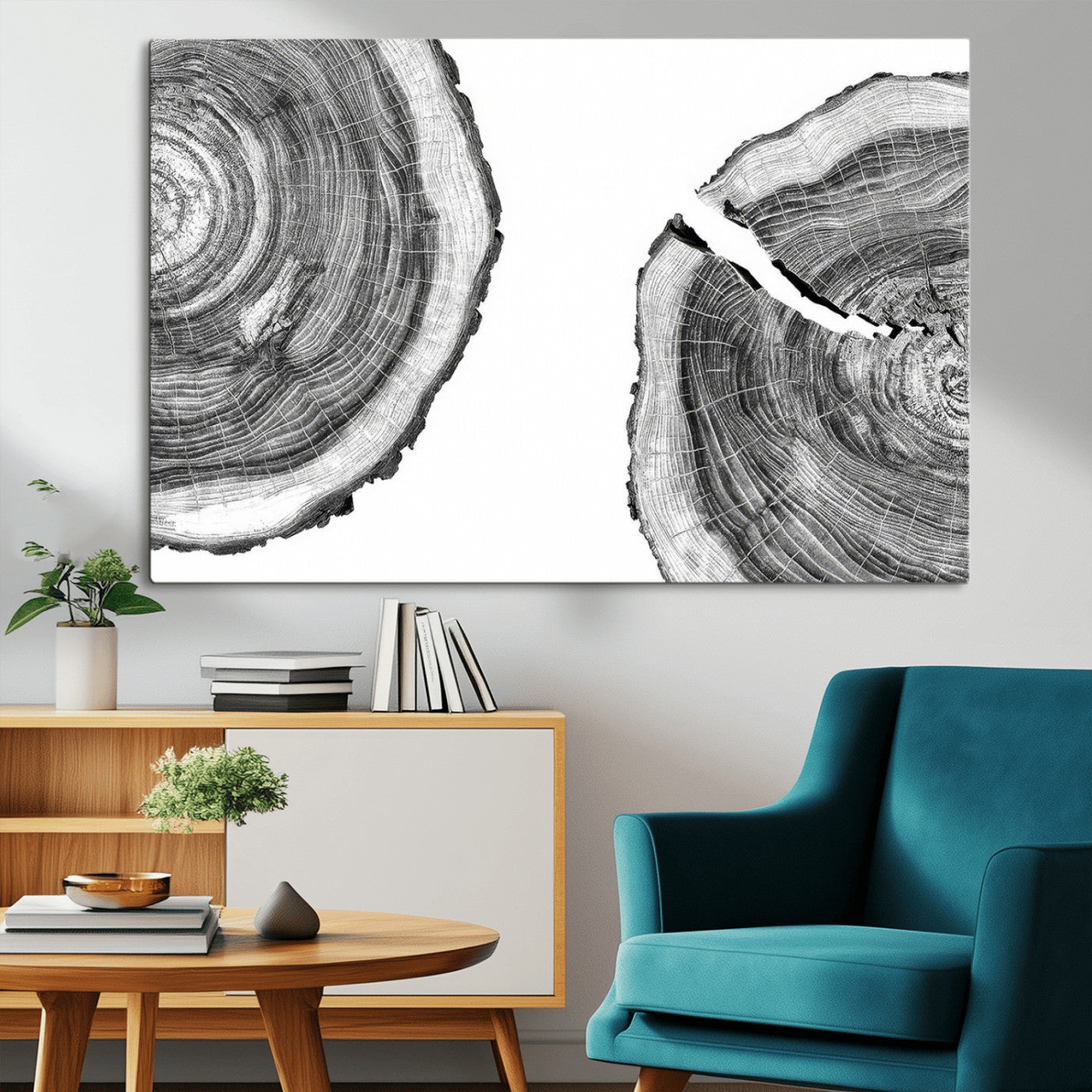 MGV-CV-36X24 - Abstract Large Tree Rings – Minimalist Black and White Wood Art | Triptych Canvas, Modern Wall Decor