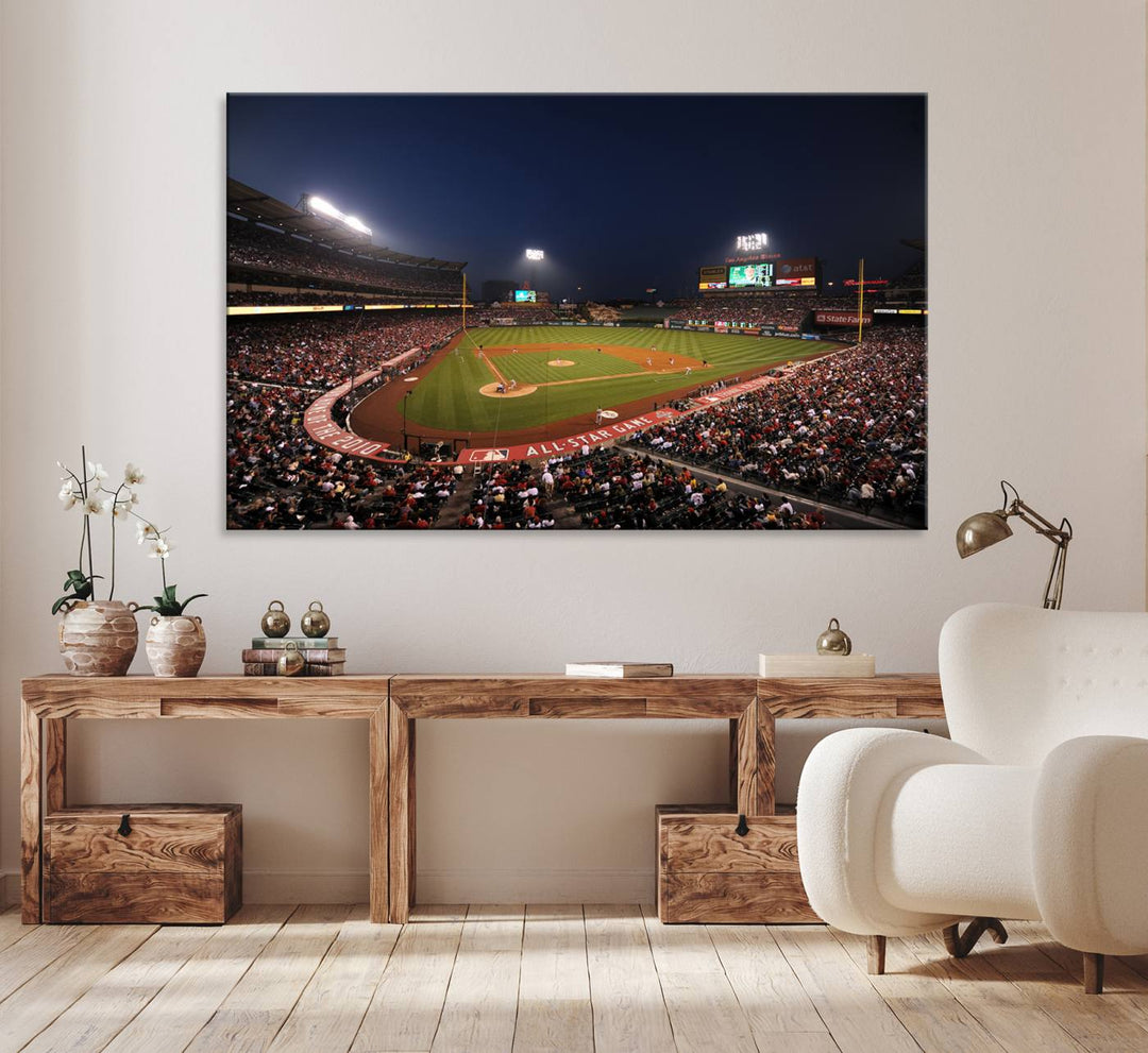 Aerial view of an LA Angels game at night, captured as stunning wall art on premium canvas, handmade in the USA.