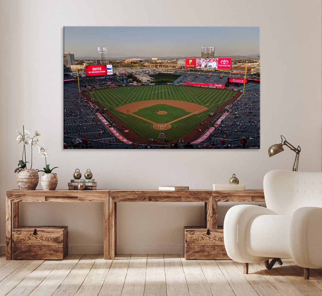 Aerial view of Angel Stadium, perfect as gallery-quality wall art - Los Angeles Angels Canvas Print.