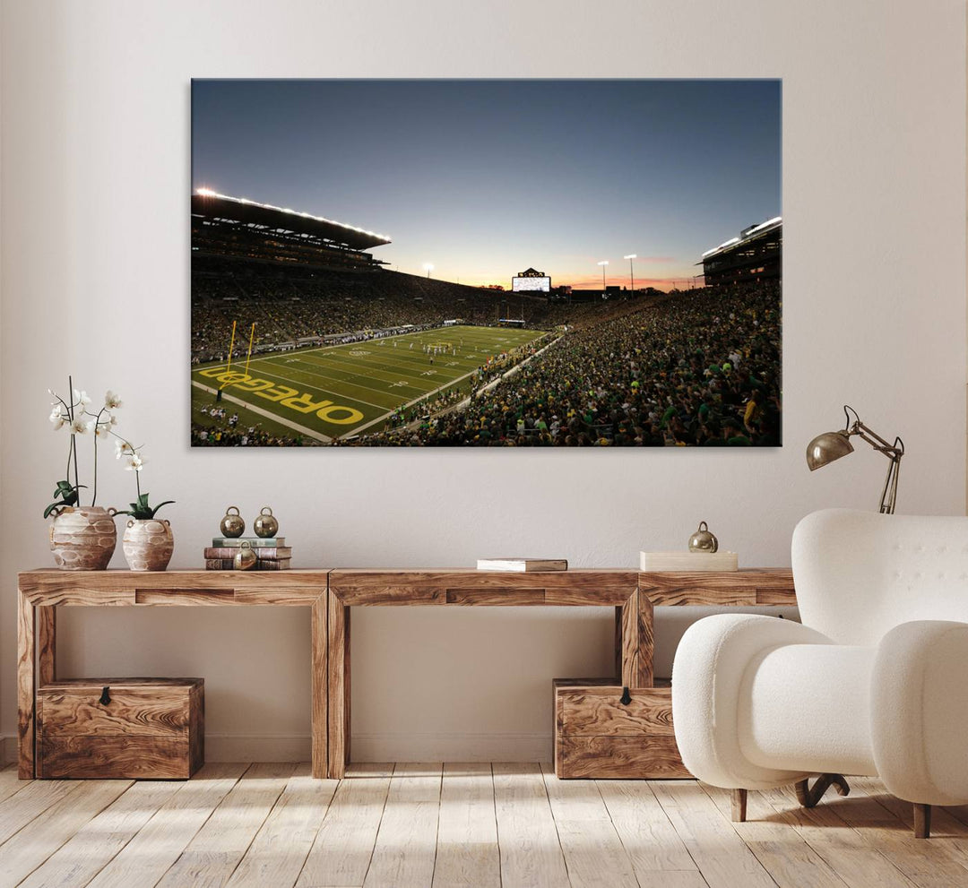 Canvas artwork depicting an Oregon Ducks football game at Autzen Stadium, capturing a sunset and packed stands.