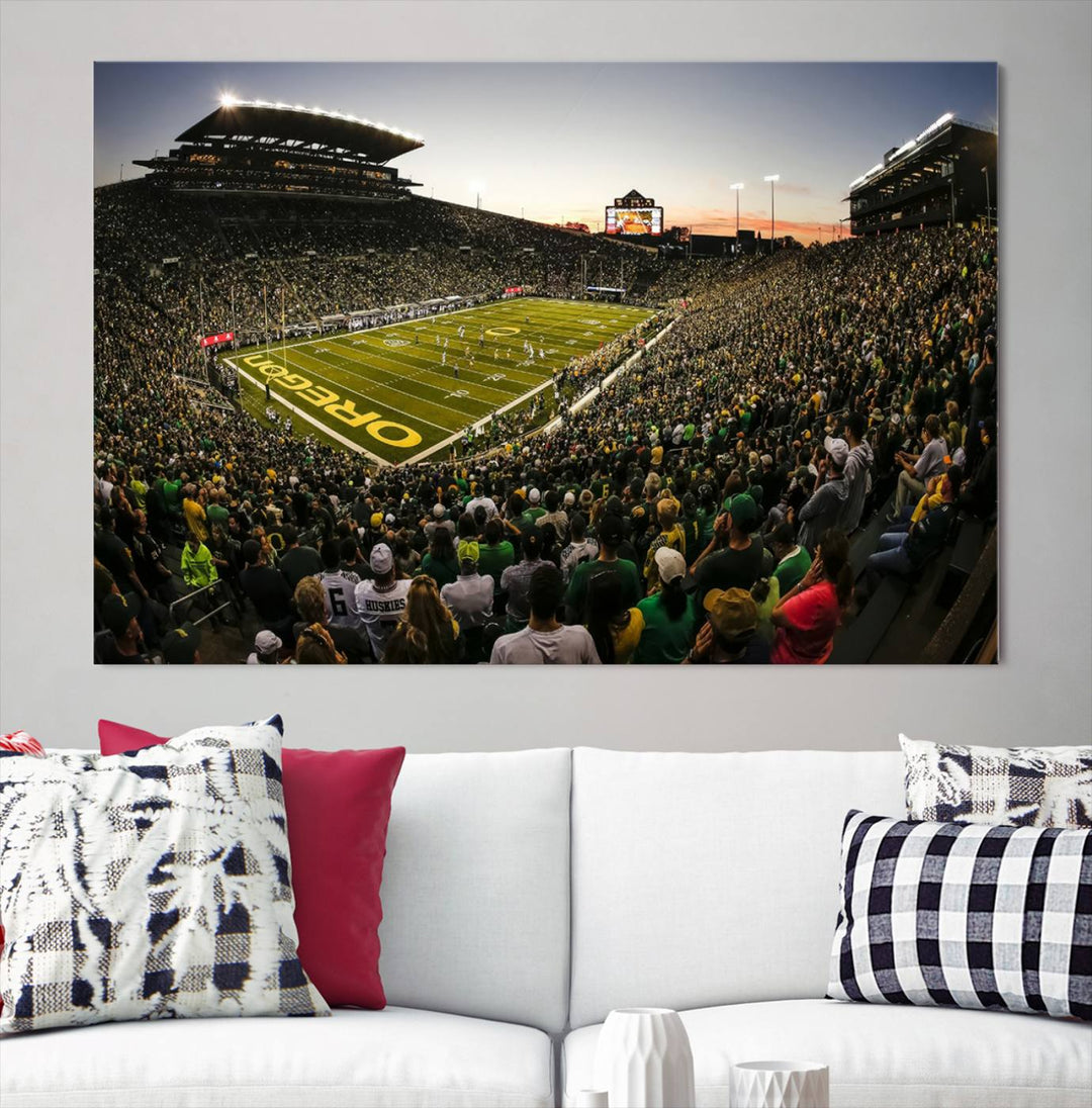 Autzen Stadium Evening Game Triple Canvas Wall Art - Oregon Ducks Football Match