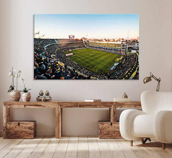 The wall art canvas print vividly captures the dynamic soccer culture at Bombonera Stadium with its vibrant depiction.