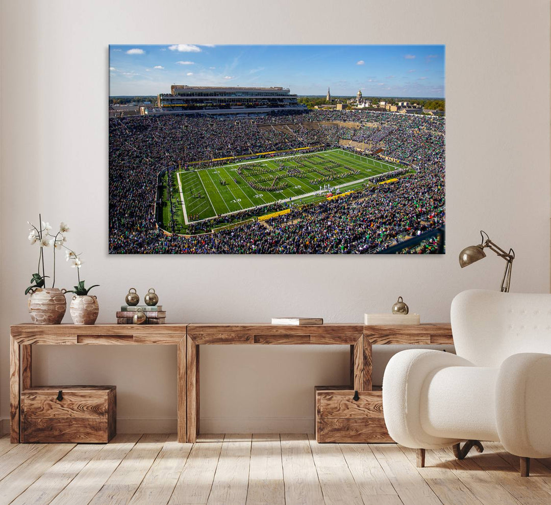 Aerial shot of packed stadium on green; Notre Dame Fighting Irish Stadium Wall Art Canvas Print.