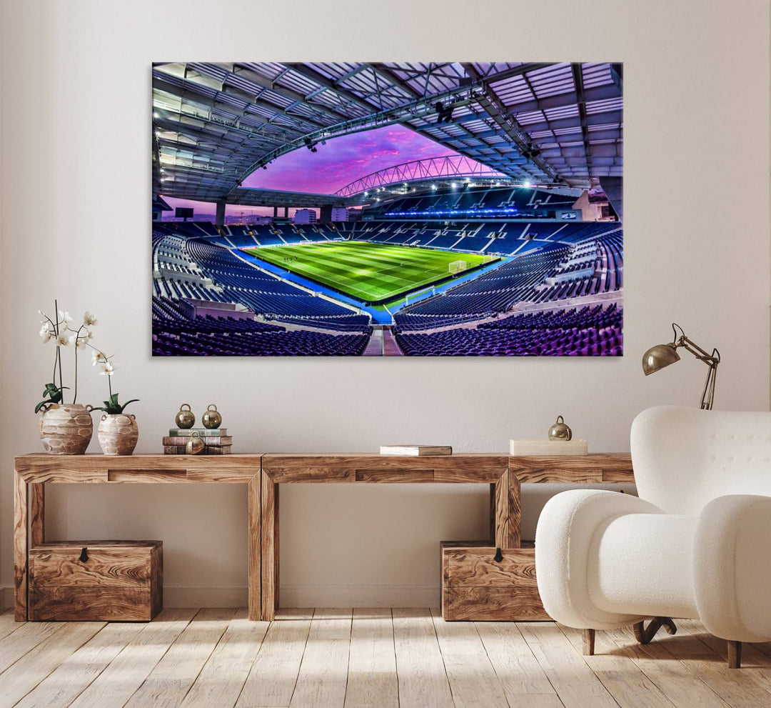 The FC Porto Soccer Team Dragon Stadium Wall Art Canvas Print decorates the room.