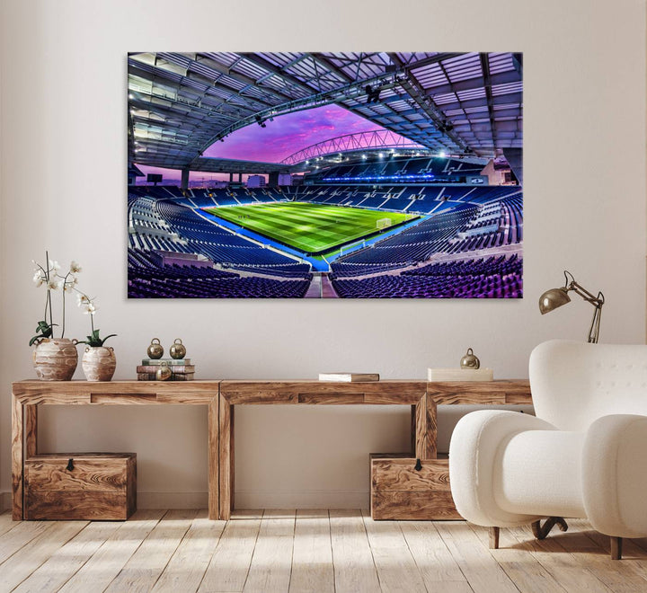 The FC Porto Soccer Team Dragon Stadium Wall Art Canvas Print decorates the room.