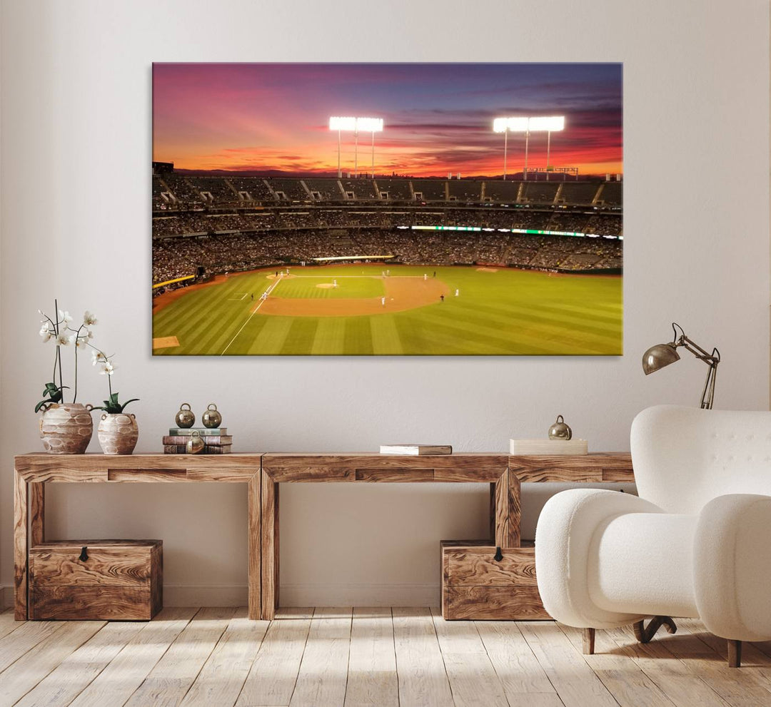 The Oakland Coliseum print is a museum-quality canvas depicting a full crowd and a sunset.