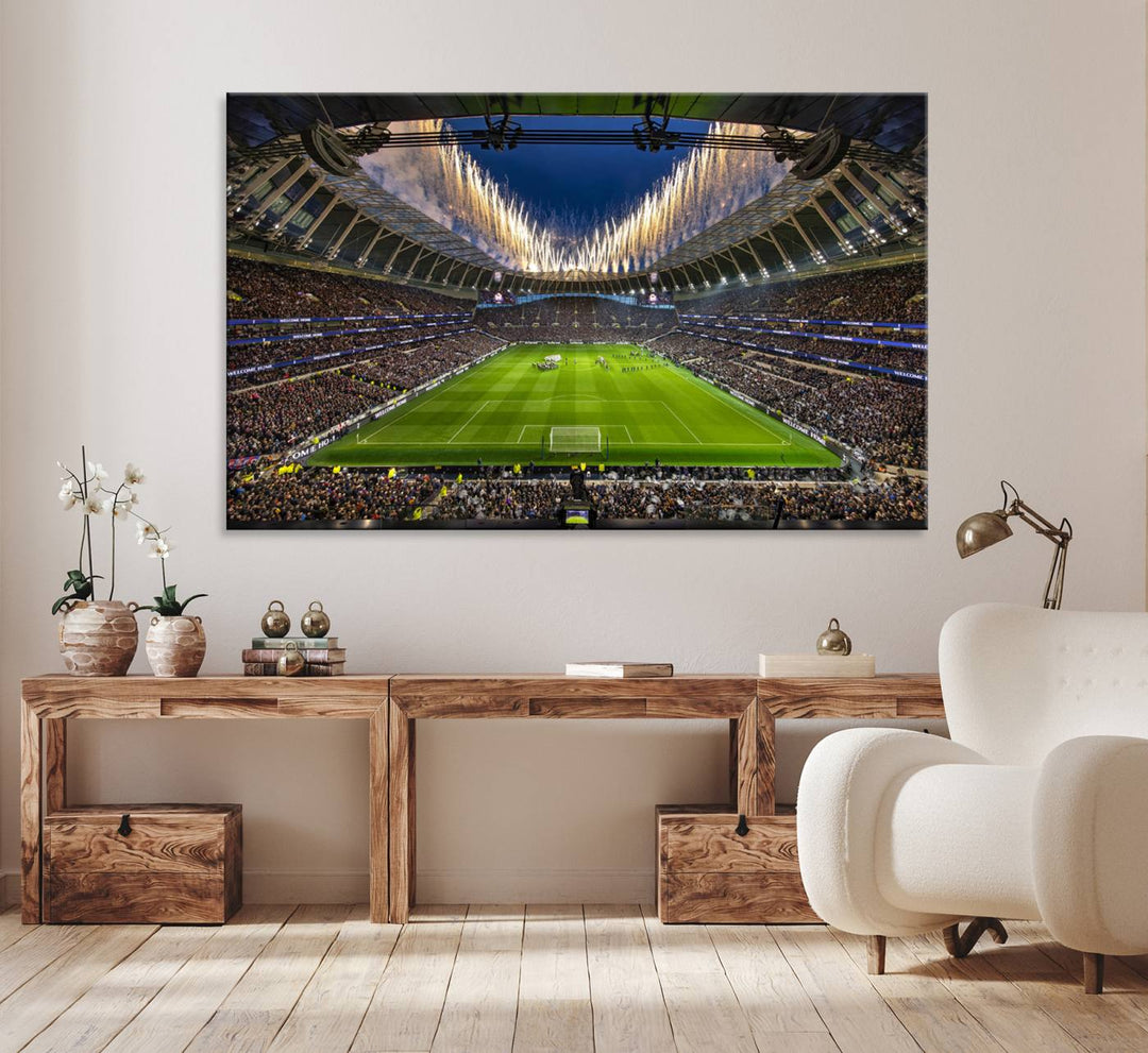 A stunning Tottenham Hotspur Stadium wall art captures the energy of a stadium packed with fans and vibrant lights.