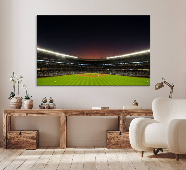 A night game at Yankee Stadium depicted on canvas beneath a sunset sky.