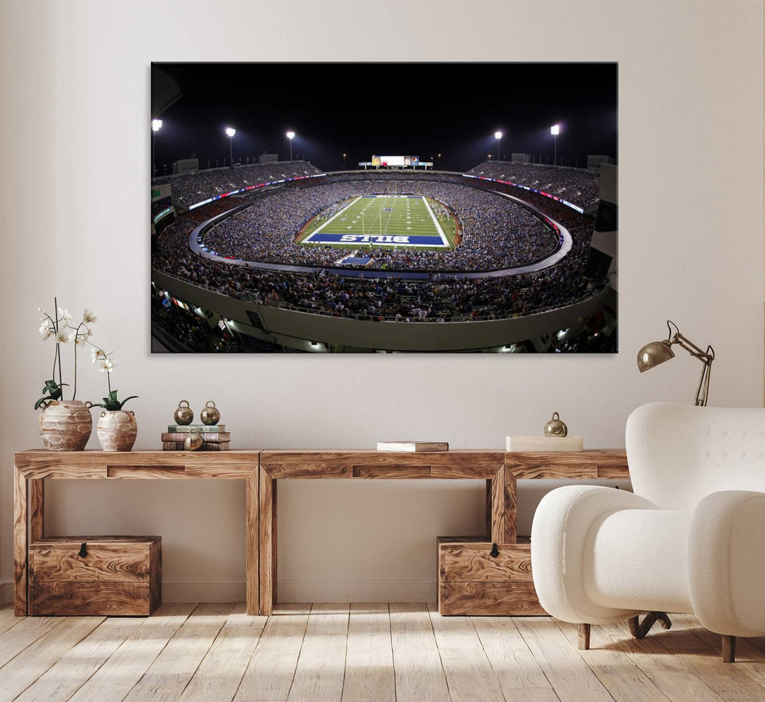 The Buffalo Bills NFL Highmark Stadium at night print captures the bright lights, conveying an exhilarating atmosphere.