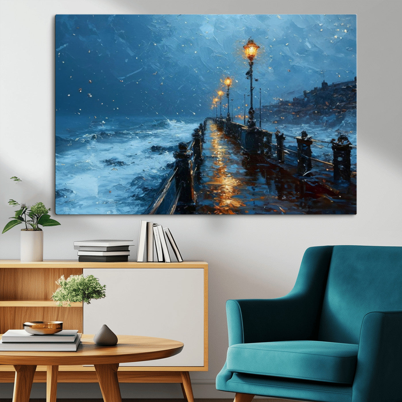 MGV-CV-36X24 - Stormy Night at Beach Pier Oil Painting Large Wall Art Print, Framed Canvas Nature Wall Decor,