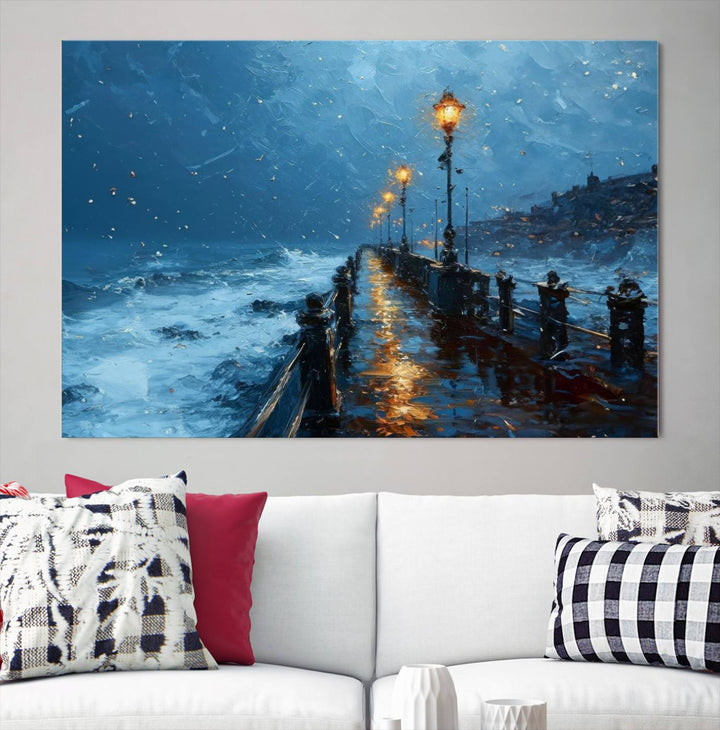 Framed 3-Panel Seaside Night Pier Oil Painting Canvas Wall Art | Ready to Hang Coastal Landscape Art for Modern Living Room, Office, or Bedroom Decor