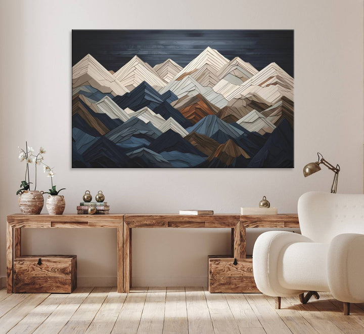 A geometric mountain range wood style wall art in shades of blue, gray, and brown; a 3-piece abstract set perfect for modern rustic decor.