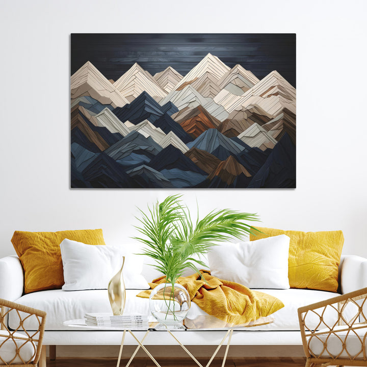 Rustic Mountain Landscape Wall Art Print - Wooden 3D Effect Mountain Canvas Print - Textured Peaks Wall Art for Cabin or Lodge Decor