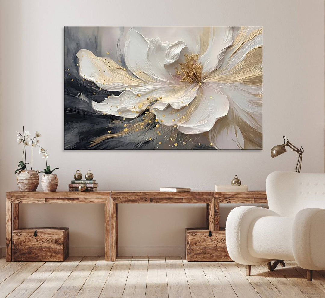 The abstract floral wall art canvas print features a large flower with gold accents.