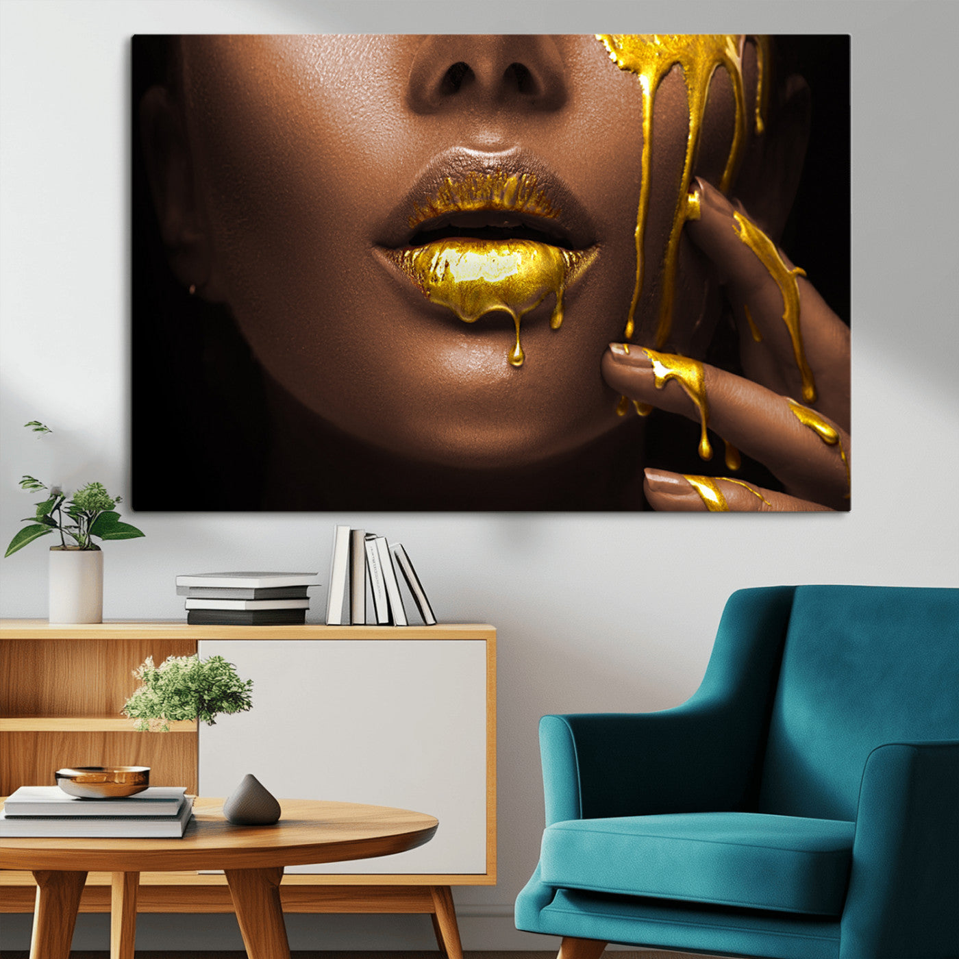 MGV-CV-36X24 - African American Art Black Woman Canvas Print, African Wall Art, Fashion African Woman Gold Lips