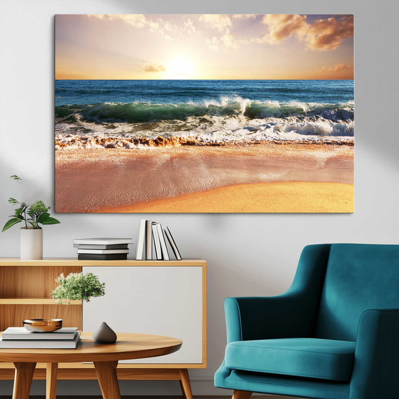 MGV-CV-36X24 - Sunset Beach Wall Art - 3-Panel Framed Canvas Print, Ready to Hang Ocean Sunset for Coastal and