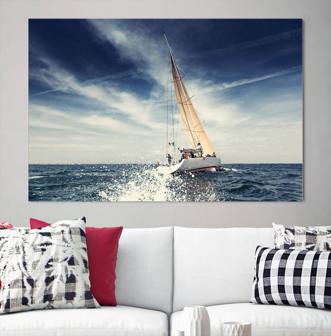 Sailboat Ocean Beach Blue Sky Wall Art Canvas Print