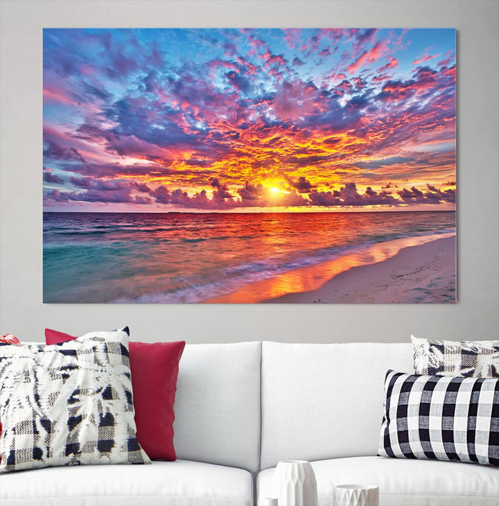 Vibrant Sunset Beach Wall Art | Ocean Sunset Canvas Print | Coastal Wall Art Decor | Ready to Hang | Stunning Sunset Scene for Home or Office Decor