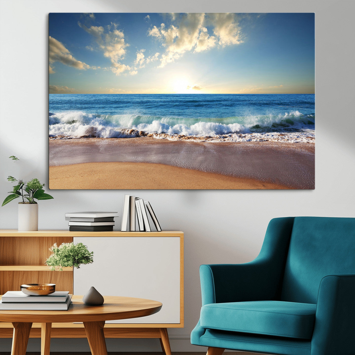 MGV-CV-36X24 - Serene Ocean Sunset Canvas Wall Art - Beach Waves at Sunset, Ready to Hang