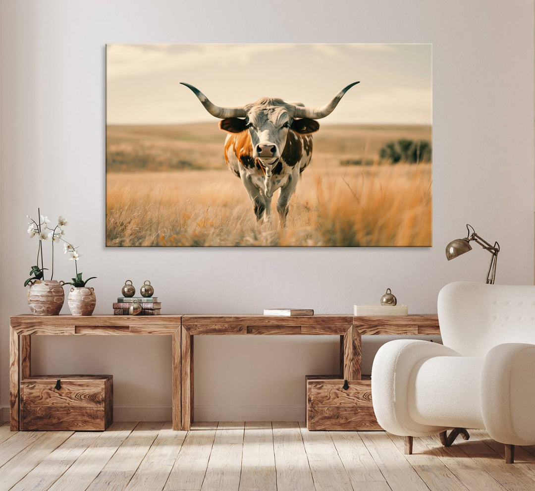 The Texas Cow Longhorn Wall Art Canvas adds rustic charm to the decor.