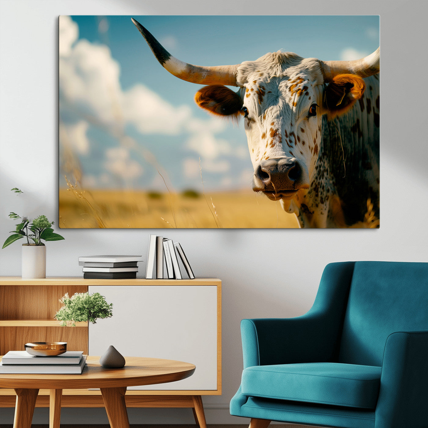 MGV-CV-36X24 - Longhorn in the Prairie - Stunning Ranch-Style Triptych Wall Art for Western Home Decor, Cowboy Wall