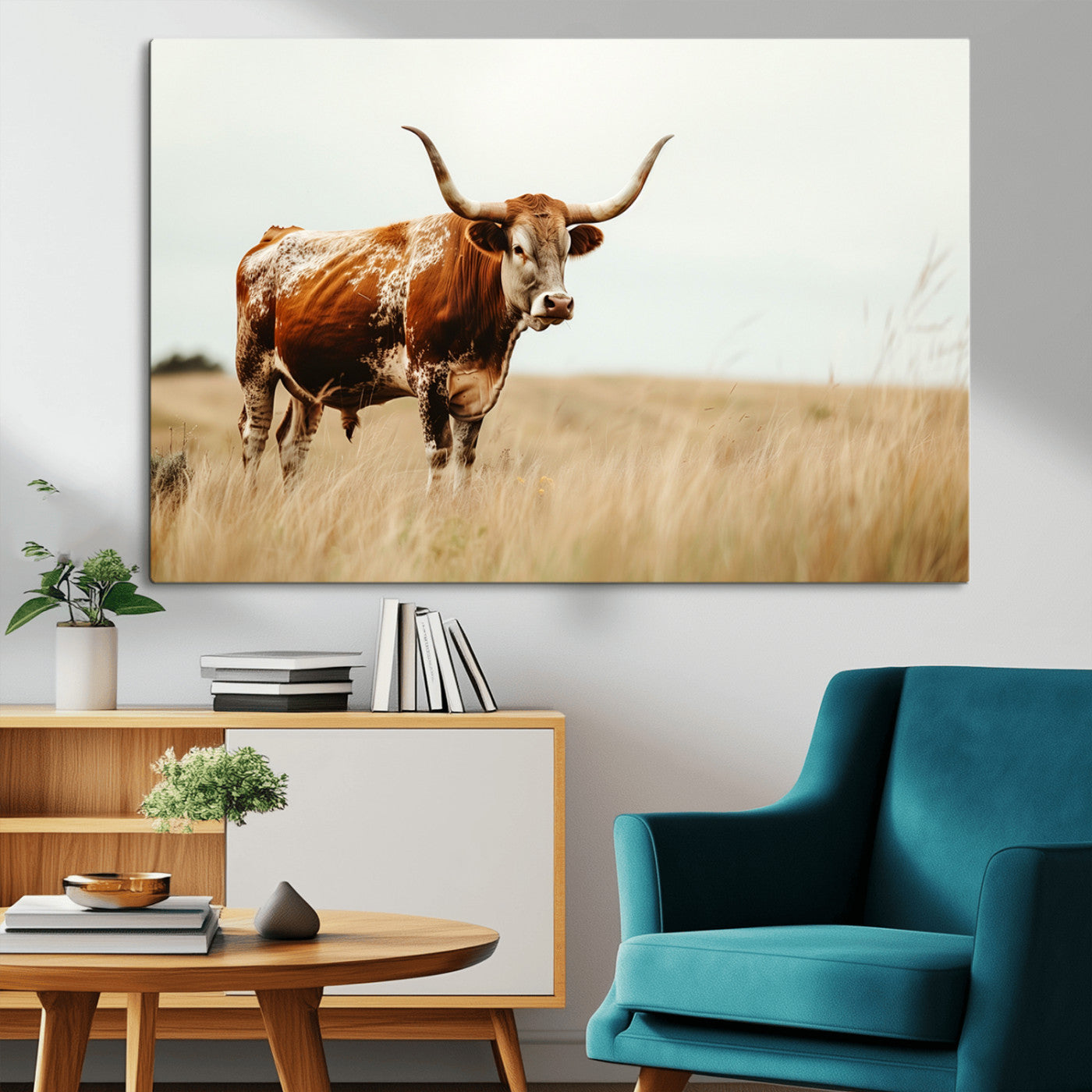 MGV-CV-36X24 - Texas Longhorn Canvas Wall Art Print – Majestic Western Cattle in Rustic Farmhouse Decor – Cow Wall