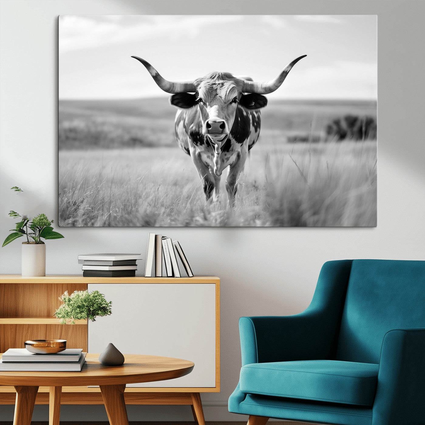 MGV-CV-36X24 - Texas Cow Longhorn Wall Art Canvas Print for Farm House Wall Decor, Farmhouse Wall Art Print