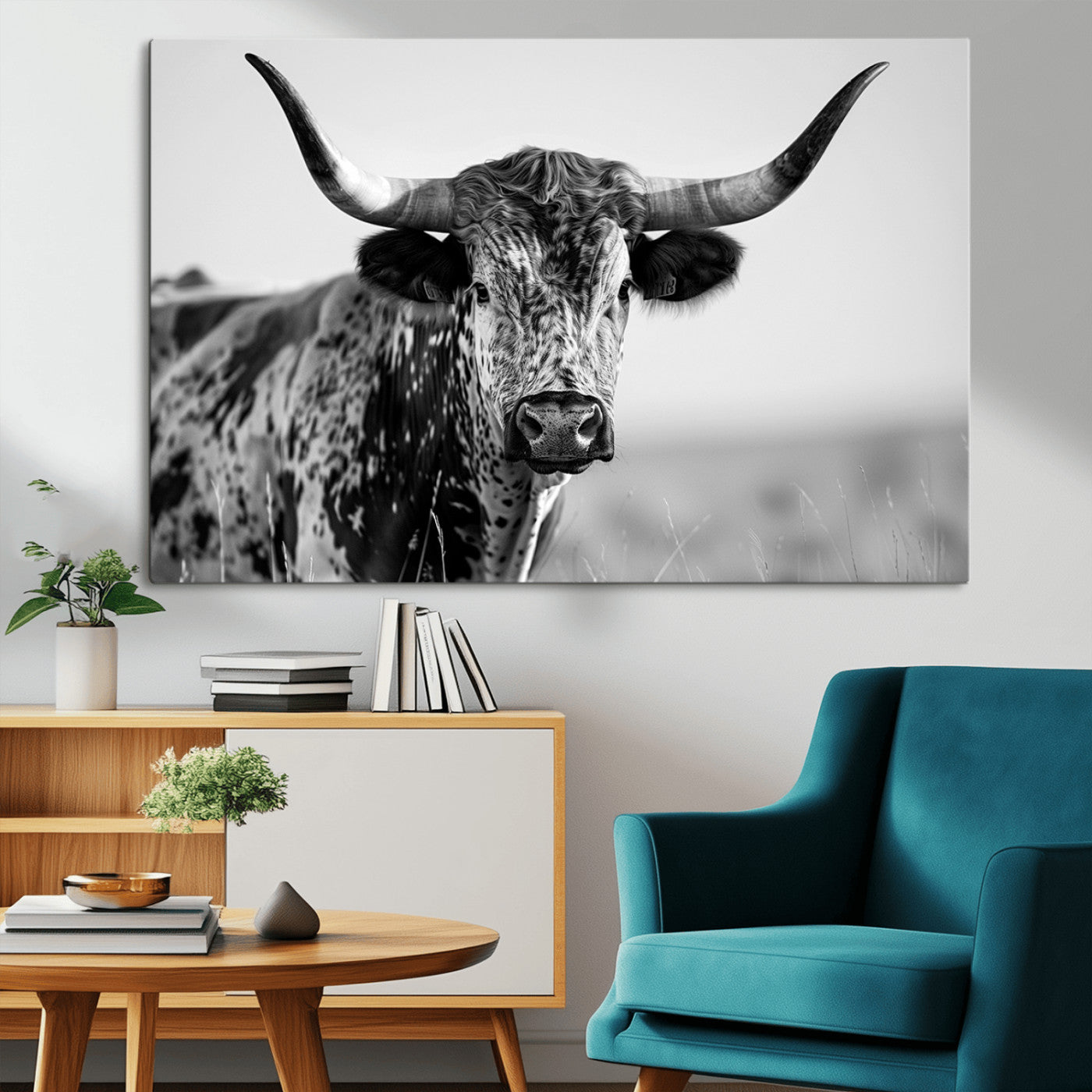 MGV-CV-36X24 - Texas Highland Cow Longhorn Canvas Print - Rustic Farmhouse Wall Art - Large Texas Longhorn