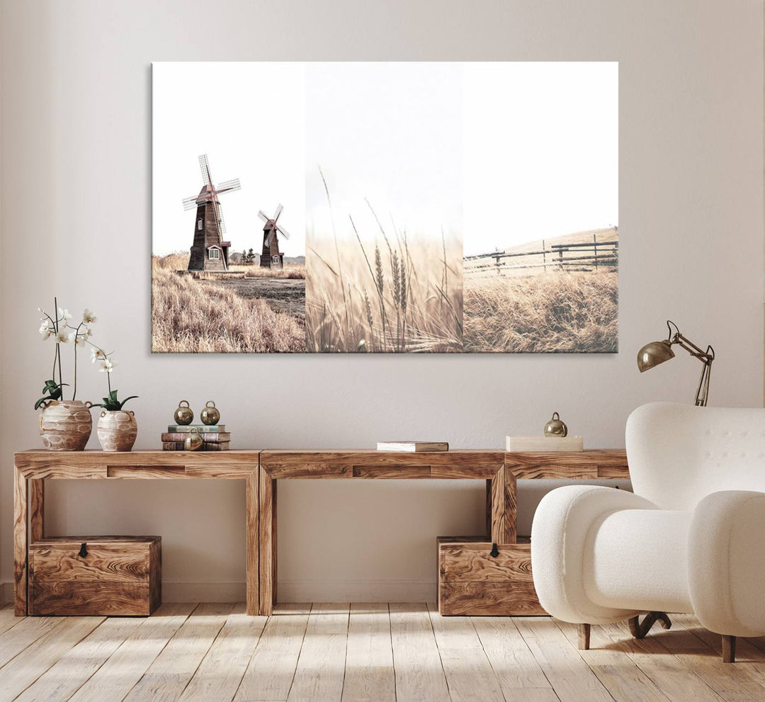 Farmhouse wall art set: 3 giclee canvas prints featuring windmills and wheat fields.