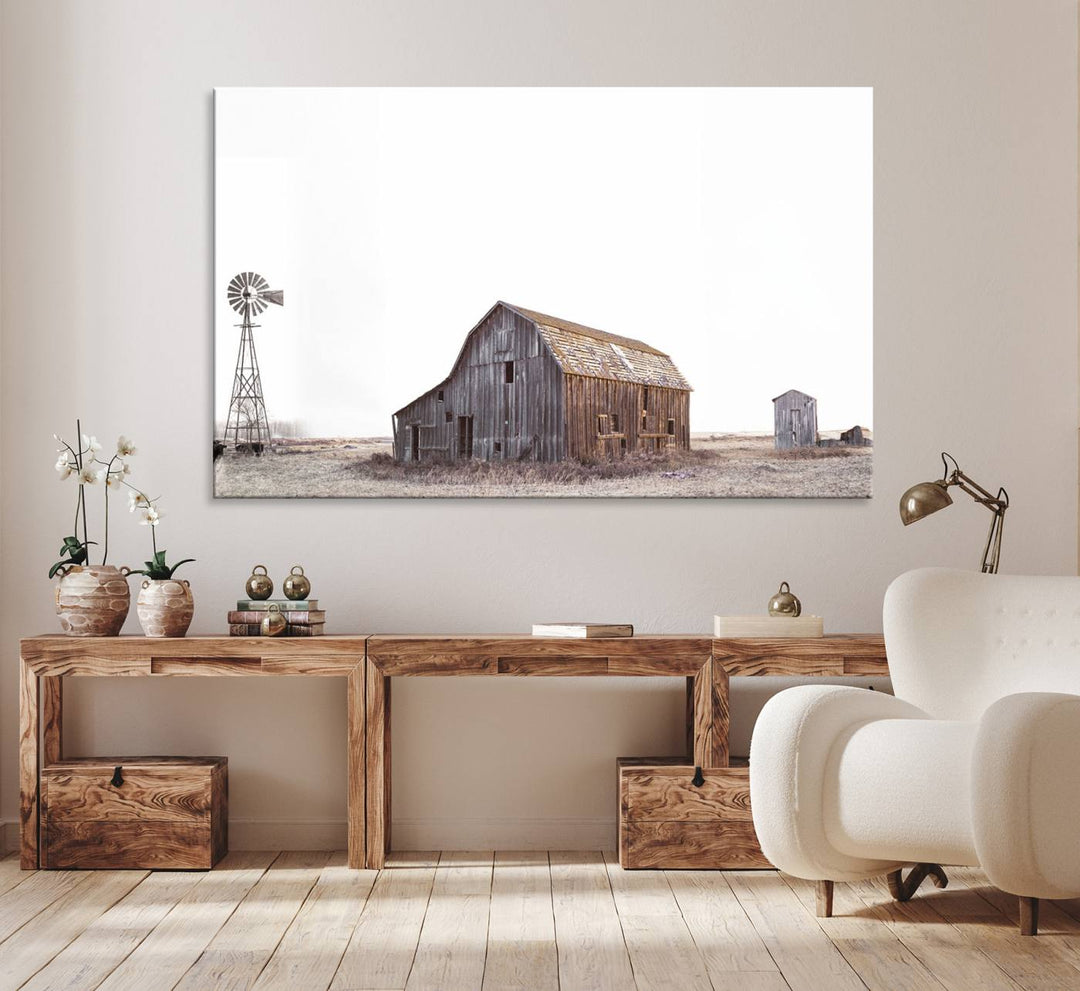 The Set of 3 Rustic Farmhouse Wall Art Prints features a barn, wheat field, and landscape.