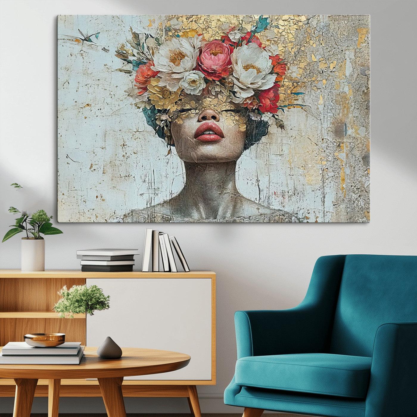 MGV-CV-36X24 - Golden Petal Wall Art Canvas Print - Silhouette Woman Wall Art Canvas Print, Floral Woman Portrait